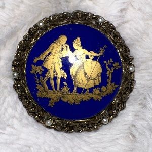 Vintage unsigned Victorian Courting Couple Brooch Pin Blue and Gold Pearls